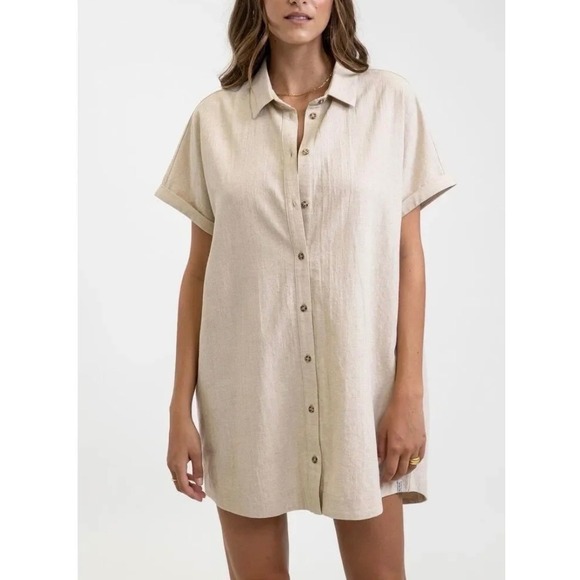 Rhythm Dresses & Skirts - Rhythm Classics Linen Blend Shirt Dress Oatmeal Short Sleeve M Coastal Beach